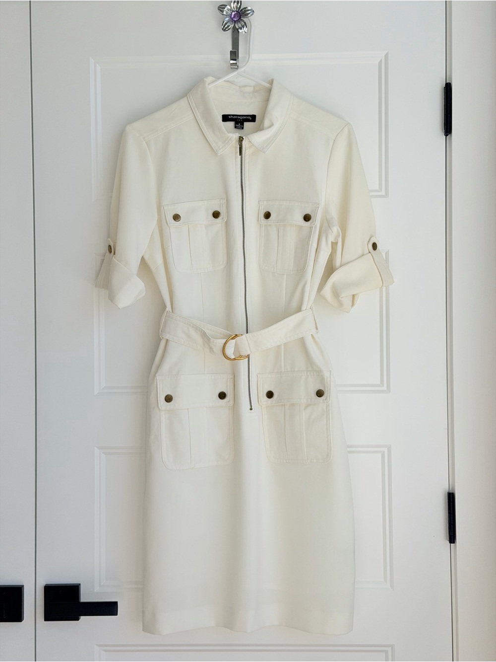 Sharagano Cream Zip-Front Midi Shirt Dress with Belt